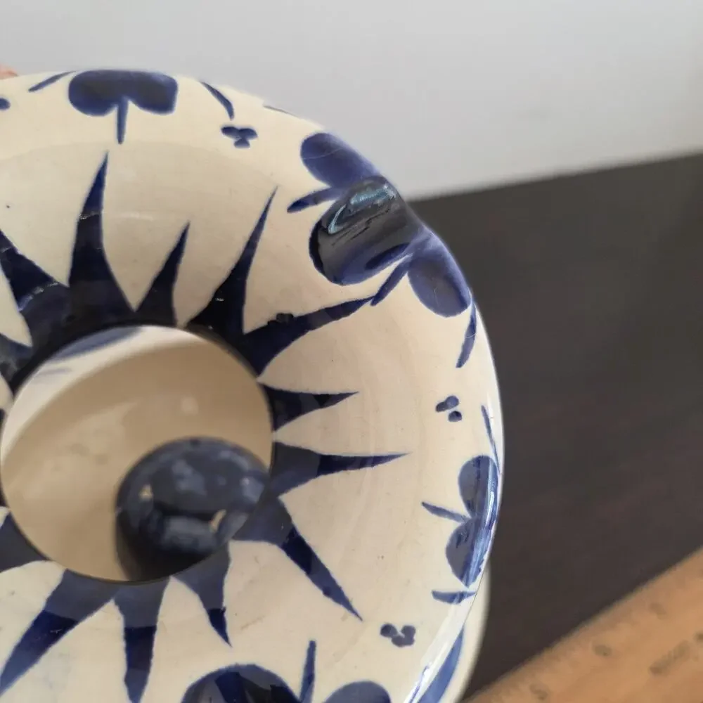 Vintage Mexican Pottery Covered Ashtray Blue White Floral Hecho En Mexico 8